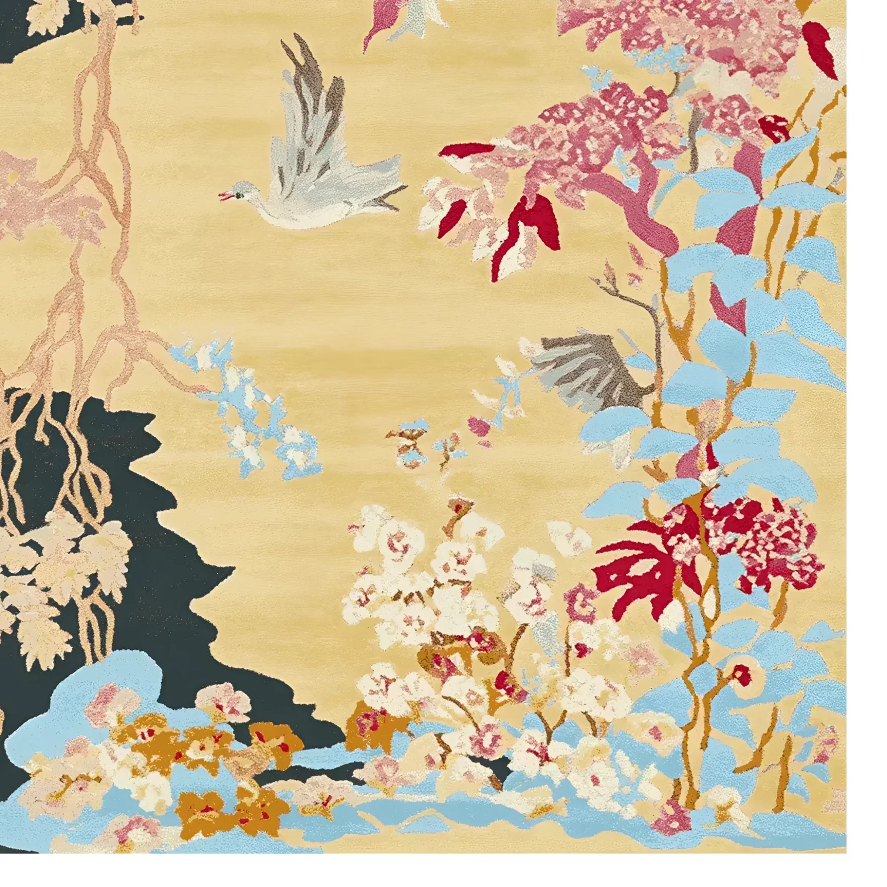 Garden of Serenity Hand Tufted Area Rug featuring an intricate design with colorful floral patterns and birds on a beige background, perfect as a wool rug for large living rooms or as an 8x10 living room rug.