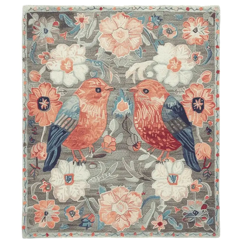 Beautiful area rug titled 'Garden of Song Whispers Hand Tufted Rug' featuring a charming floral design with birds, perfect for adding warmth and elegance to any living room. This wool rug showcases vibrant colors and intricate details, making it an ideal choice for those seeking stylish living room area rugs with a floral theme.