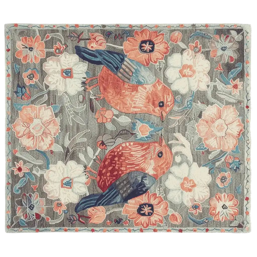 This beautiful hand-tufted area rug features a vibrant floral design with birds, perfect for adding a touch of elegance to any living room. The wool rug showcases colorful blooms and intricate patterns, making it a standout piece among living room area rugs.