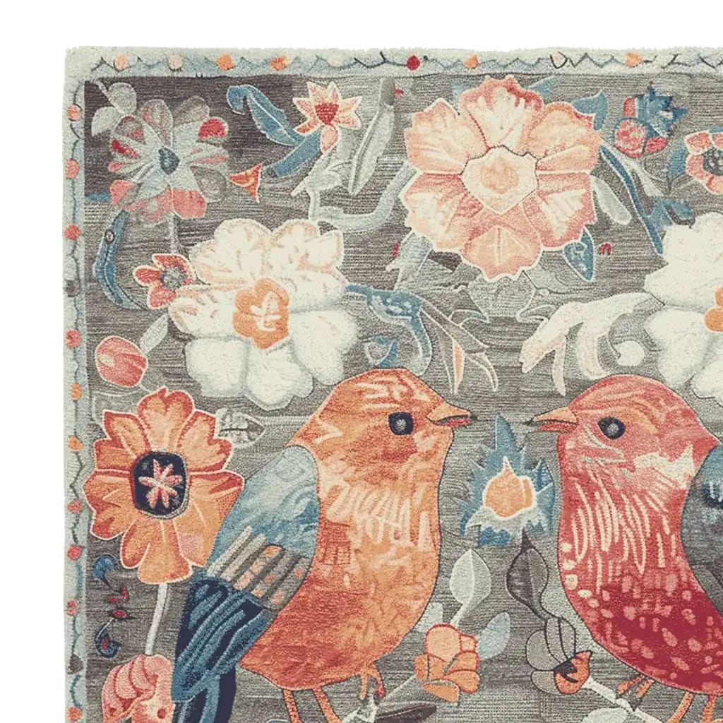 A vibrant hand-tufted area rug featuring a whimsical floral design with birds, perfect for adding a touch of nature to your living room. This wool rug showcases intricate details and bold colors, making it an ideal choice for those seeking unique living room area rugs with a floral theme.