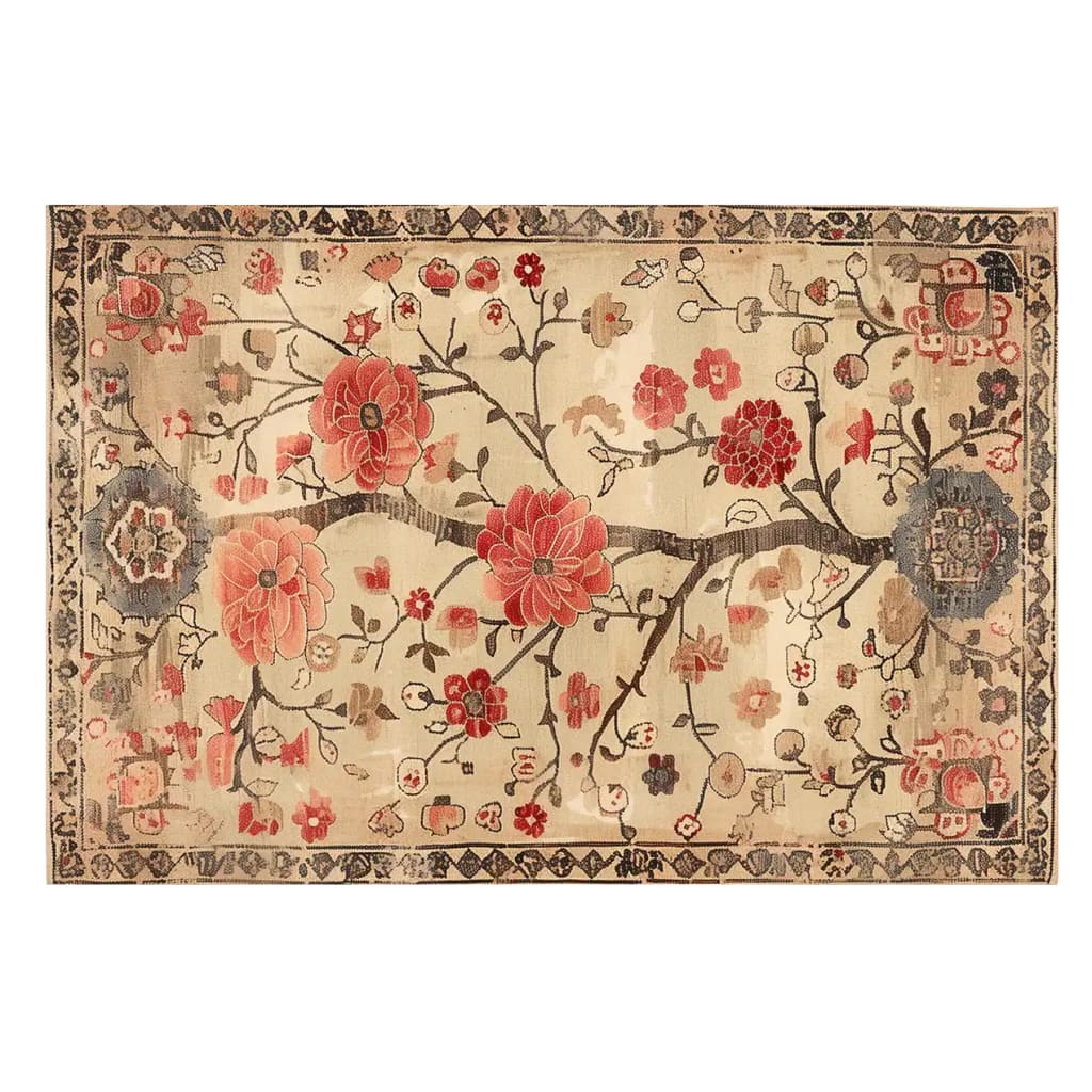 Top view of the Garden of Splendor Knotted Wool Rug, an exquisite area rug featuring a vibrant floral design. This large living room rug boasts intricate blooms and branches, making it a perfect choice for those seeking elegant rugs for their living room.