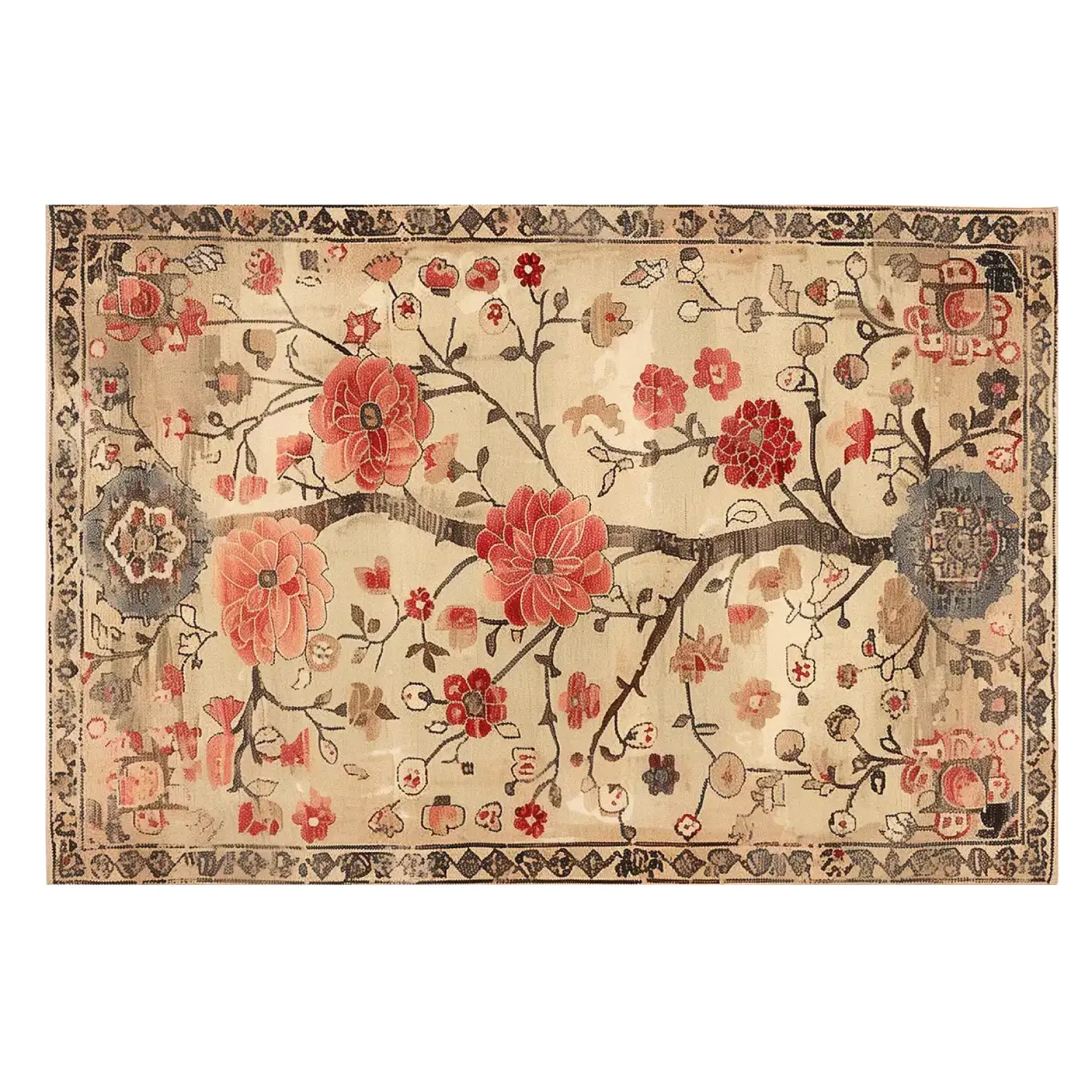 Top view of the Garden of Splendor Knotted Wool Rug, an exquisite area rug featuring a vibrant floral design. This large living room rug boasts intricate blooms and branches, making it a perfect choice for those seeking elegant rugs for their living room.