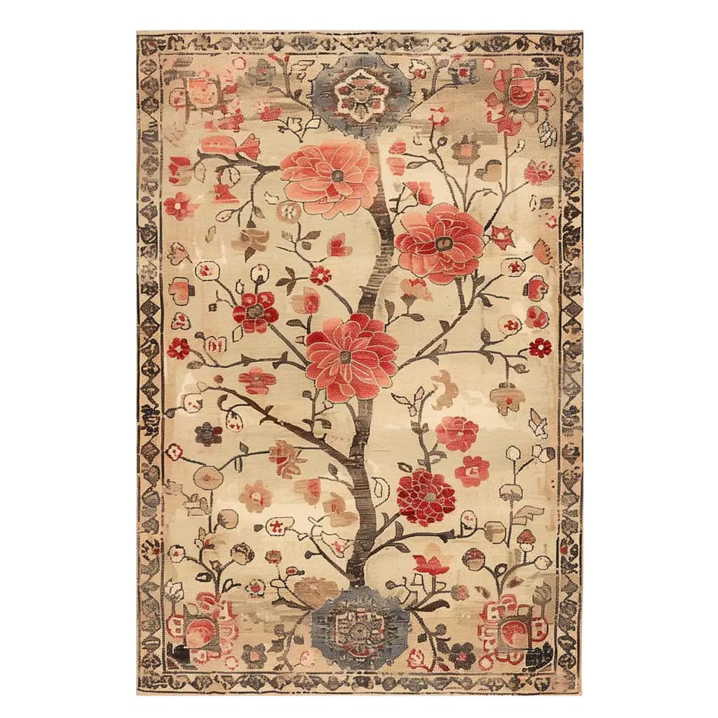 This exquisite area rug, titled 'Garden of Splendor Knotted Wool Rug', showcases a stunning floral design with vibrant red and pink blooms set against a warm beige background. Perfect for adding a touch of elegance to large living room spaces, this floral rug is both stylish and timeless, making it an ideal choice for rugs for living room decor.