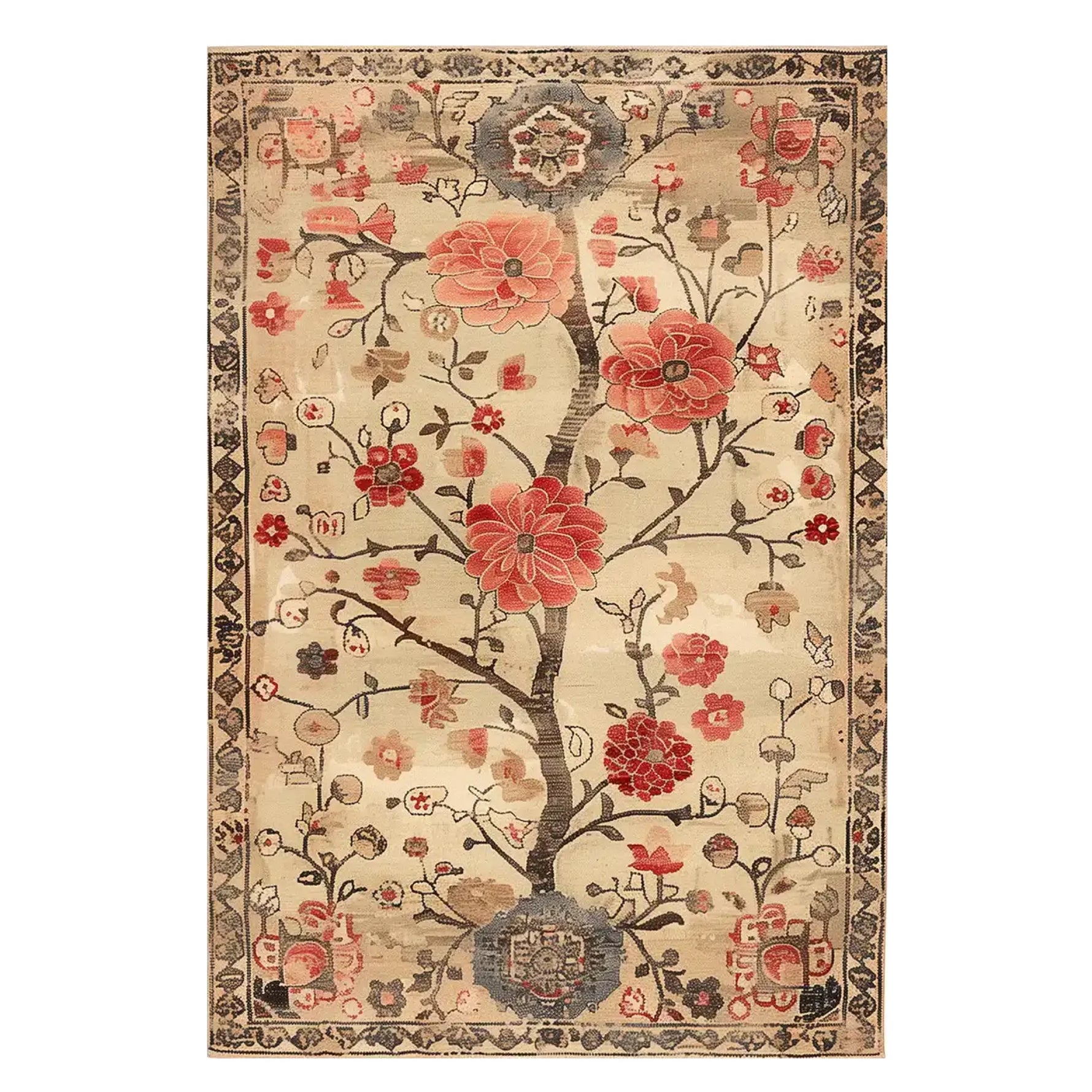This exquisite area rug, titled 'Garden of Splendor Knotted Wool Rug', showcases a stunning floral design with vibrant red and pink blooms set against a warm beige background. Perfect for adding a touch of elegance to large living room spaces, this floral rug is both stylish and timeless, making it an ideal choice for rugs for living room decor.
