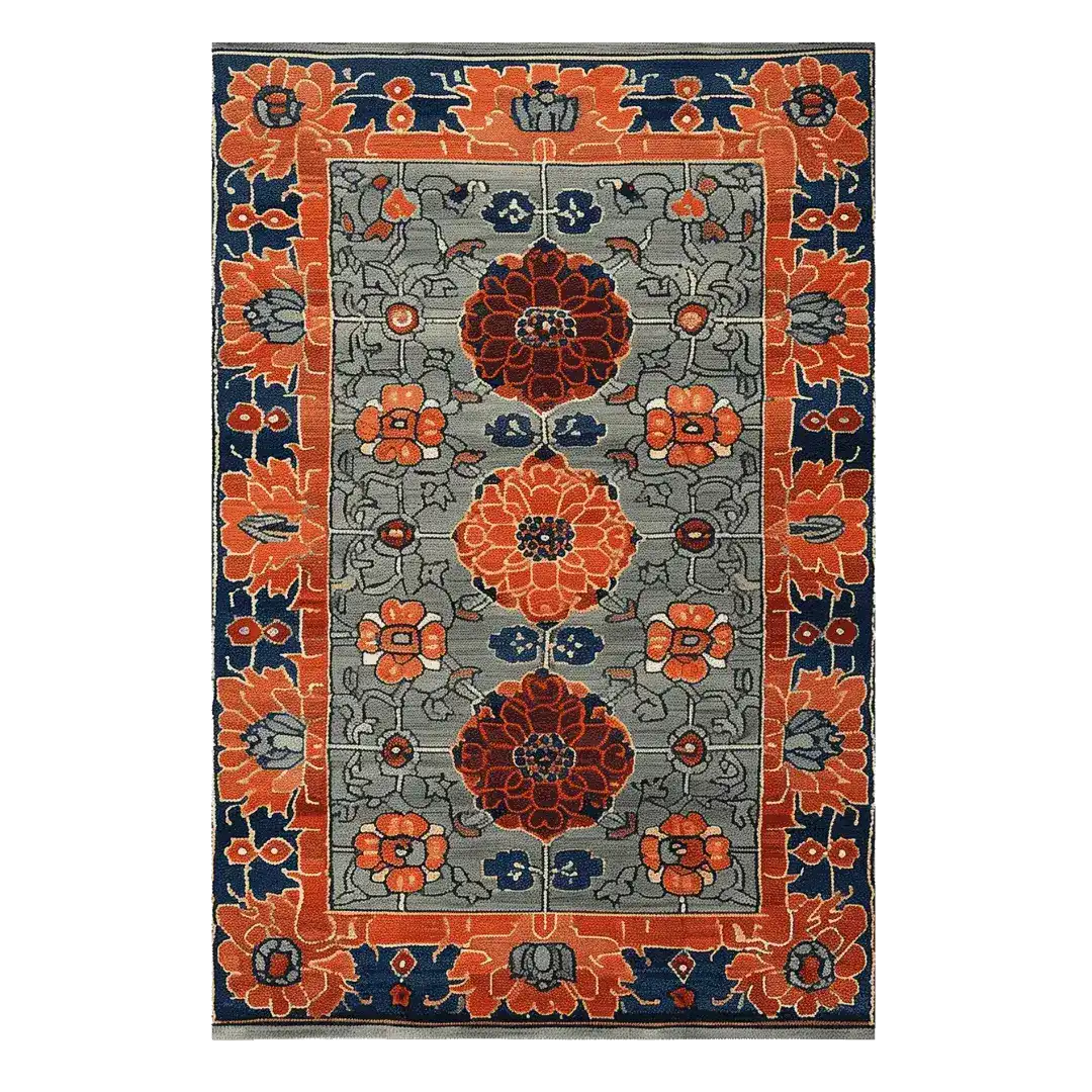 The Garden of Tradition Hand Tufted Rug features a stunning floral design with vibrant orange and deep blue flowers on a grey background. Perfect as a large area rug for living rooms or offices, this wool rug combines elegance with functionality, making it an ideal choice for anyone looking to add a touch of luxury to their space.