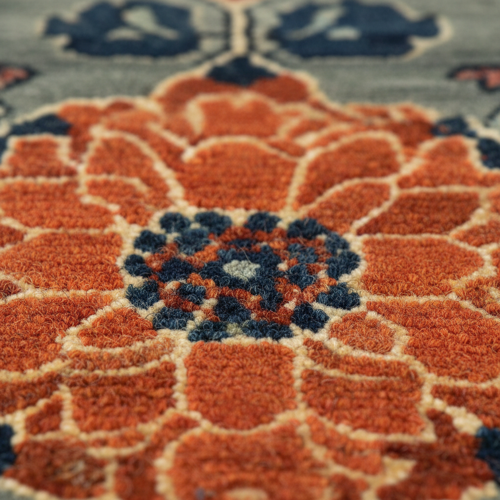 Close-up of a patterned rug with orange and blue colors