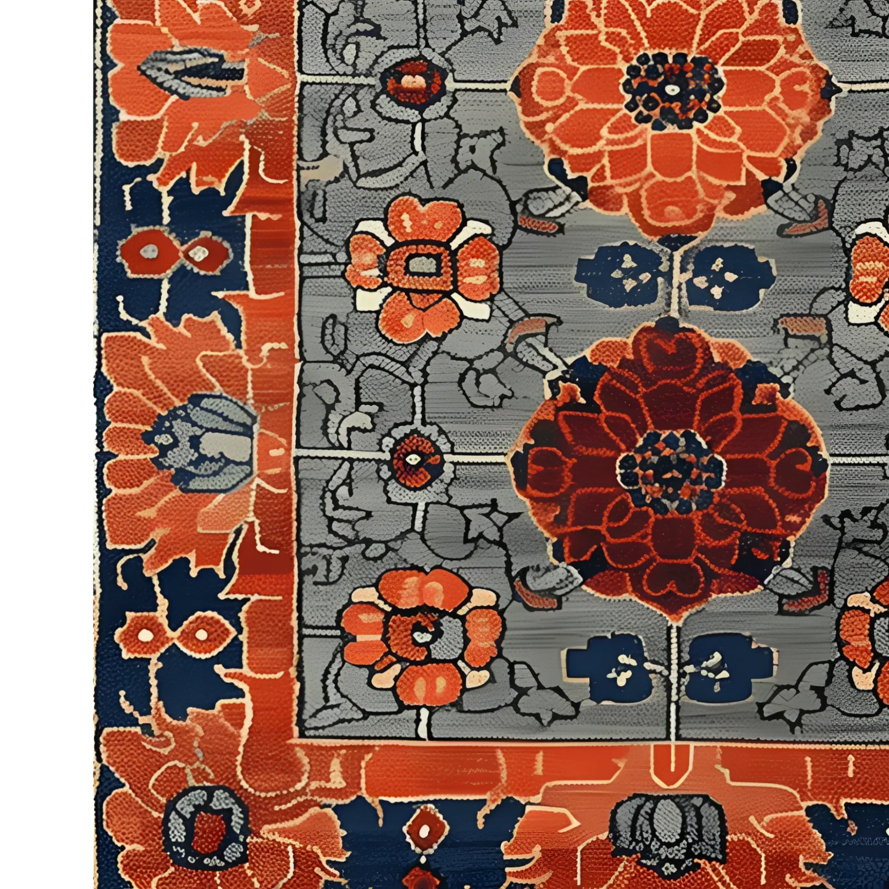 Close-up view of the Garden of Tradition Hand Tufted Area Rug, showcasing its intricate floral design with vibrant orange and navy blue hues. This wool rug is perfect for large living rooms or office spaces, adding a touch of elegance and tradition.