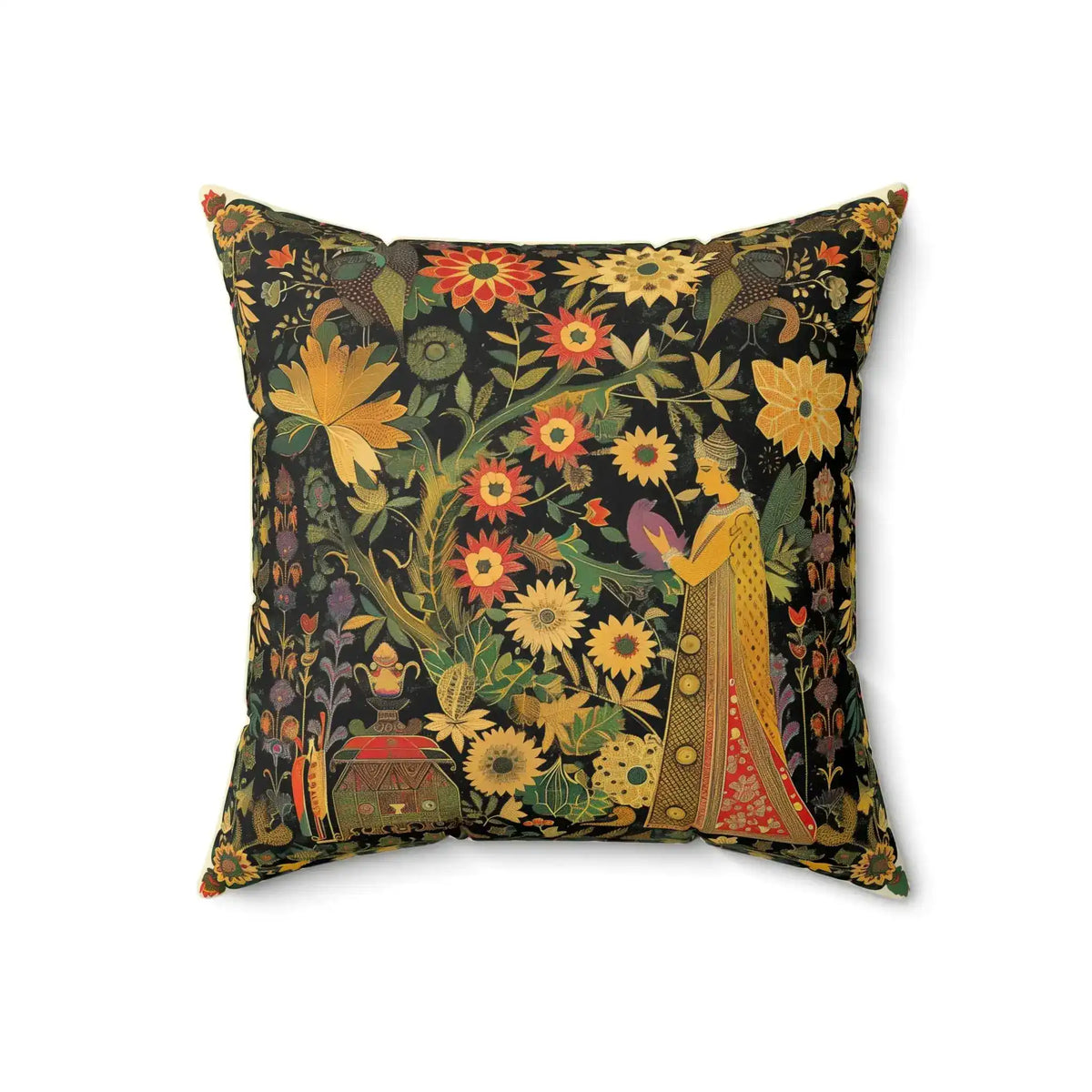 Garden of Whimsy Persian-inspired floral throw pillow displayed upright, dark navy fabric with colorful garden scene and sunflowers