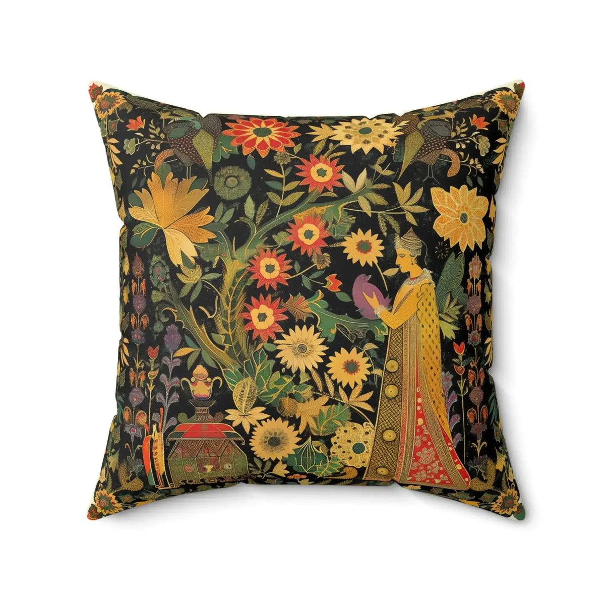 Garden of Whimsy Persian-inspired throw pillow centered front view, dark background with full floral garden motif and woman in embroidered robe