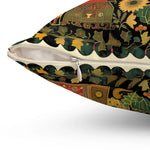 Close-up of Garden of Whimsy Persian-inspired floral throw pillow corner showing white zipper closure and dark floral fabric detail