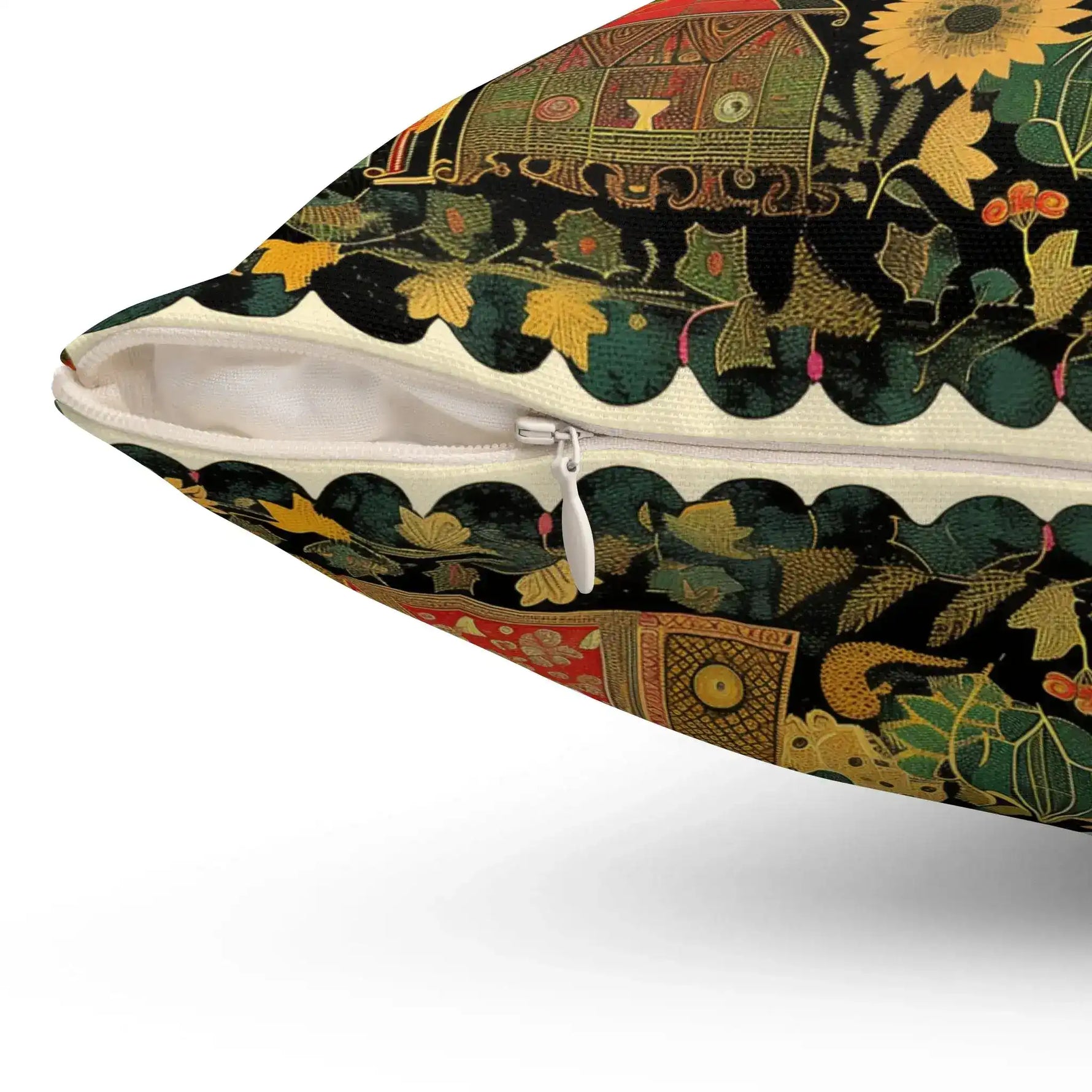 Close-up of Garden of Whimsy Persian-inspired floral throw pillow corner showing white zipper closure and dark floral fabric detail