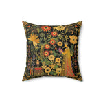 Garden of Whimsy Persian-inspired floral throw pillow shown at slight angle, dark background with vibrant flowers and figure in gold robe