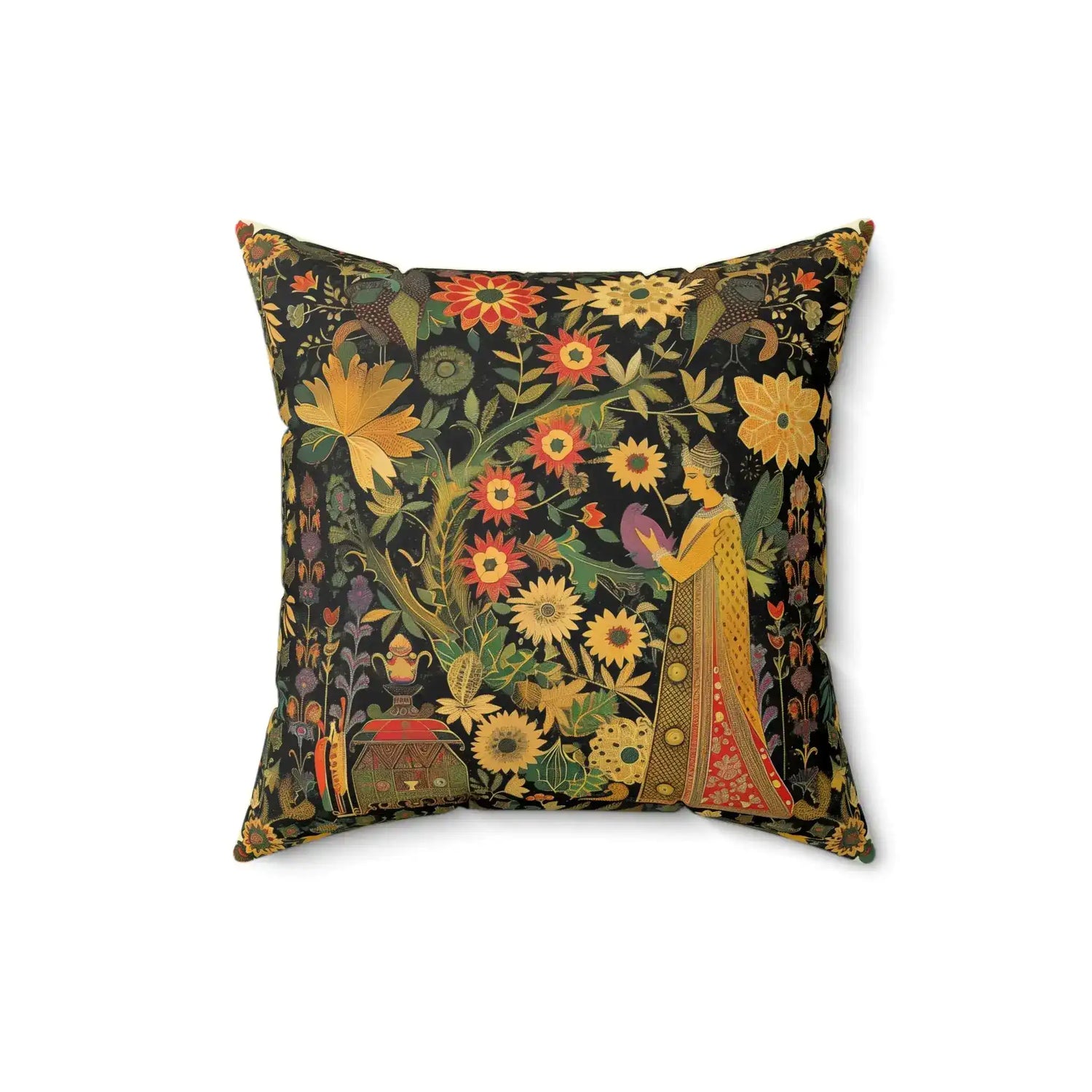 Garden of Whimsy Persian-inspired floral throw pillow shown at slight angle, dark background with vibrant flowers and figure in gold robe