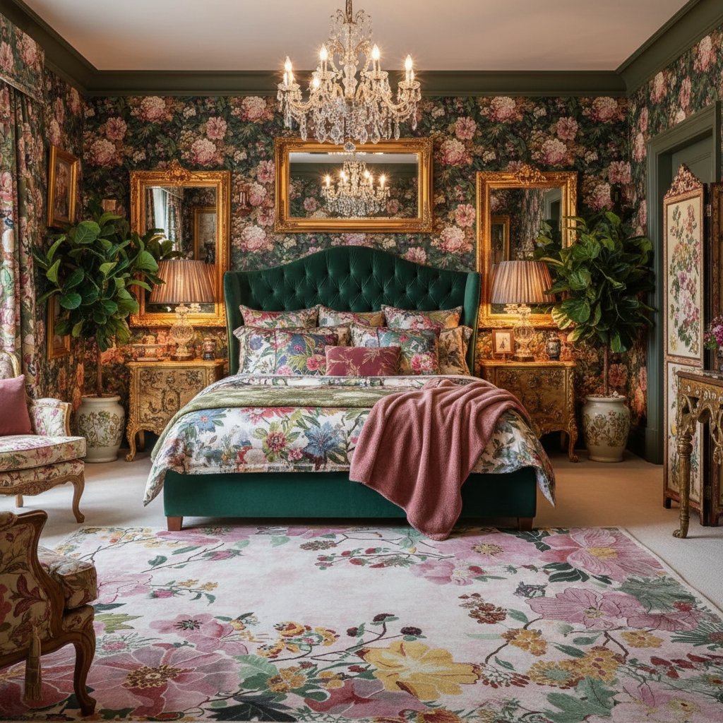 Luxurious bedroom with floral wallpaper, green bed, and decorative mirrors.