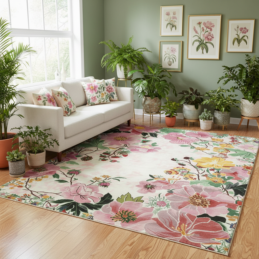 Living room with a floral rug, white sofa, and decorative plants.
