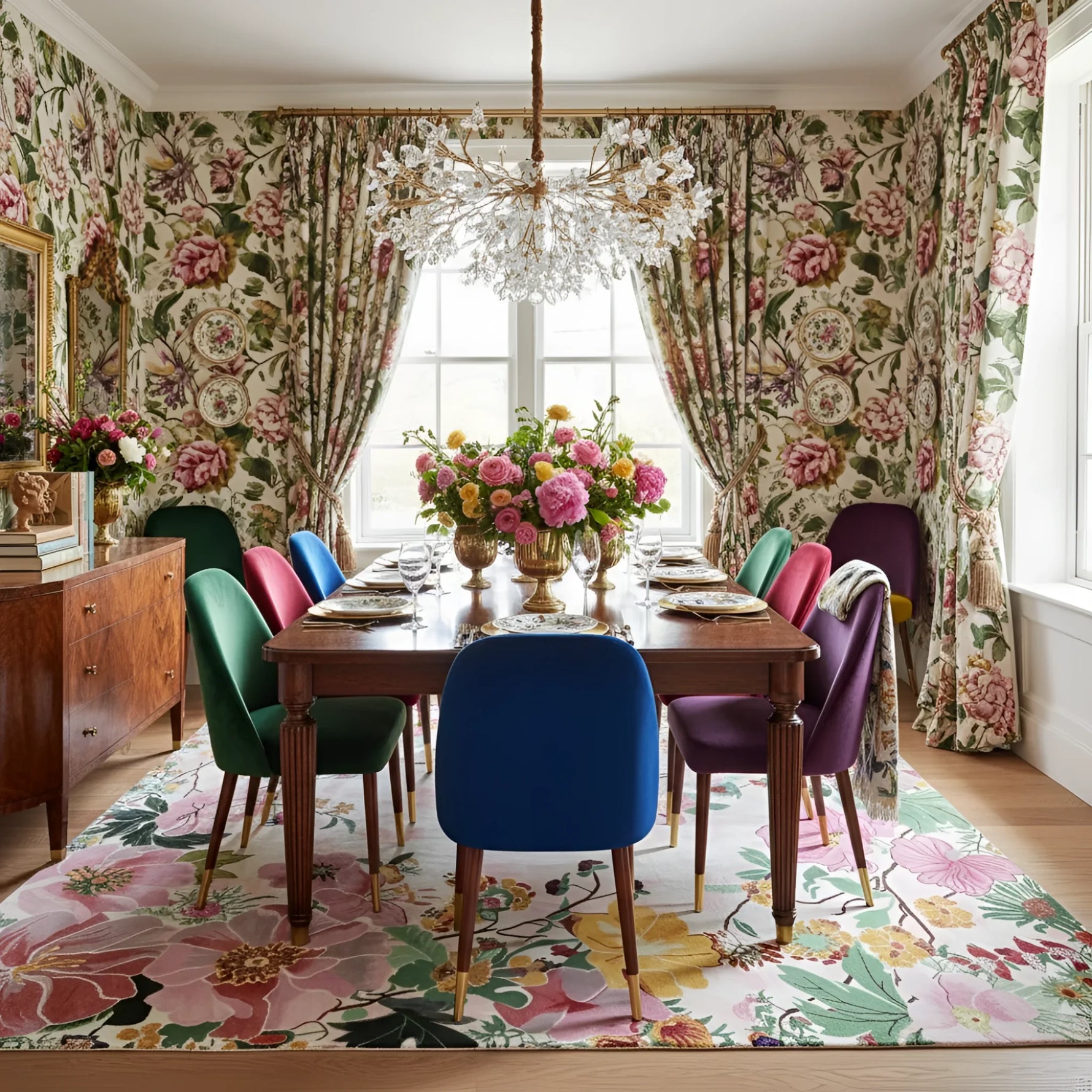 Dining room with floral curtains, table, and chairs.