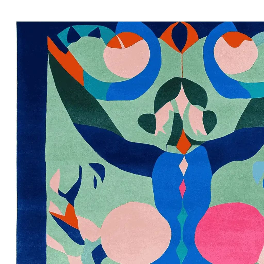 Close-up view of the Garden Oracle Hand Tufted Rug, a contemporary square area rug ideal for living rooms. This wool rug features an abstract design with vibrant colors, perfect for adding a modern touch to any space. Suitable for living room rugs 8x10.