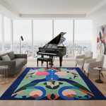Modern living room with a grand piano, colorful rug, and cityscape view.
