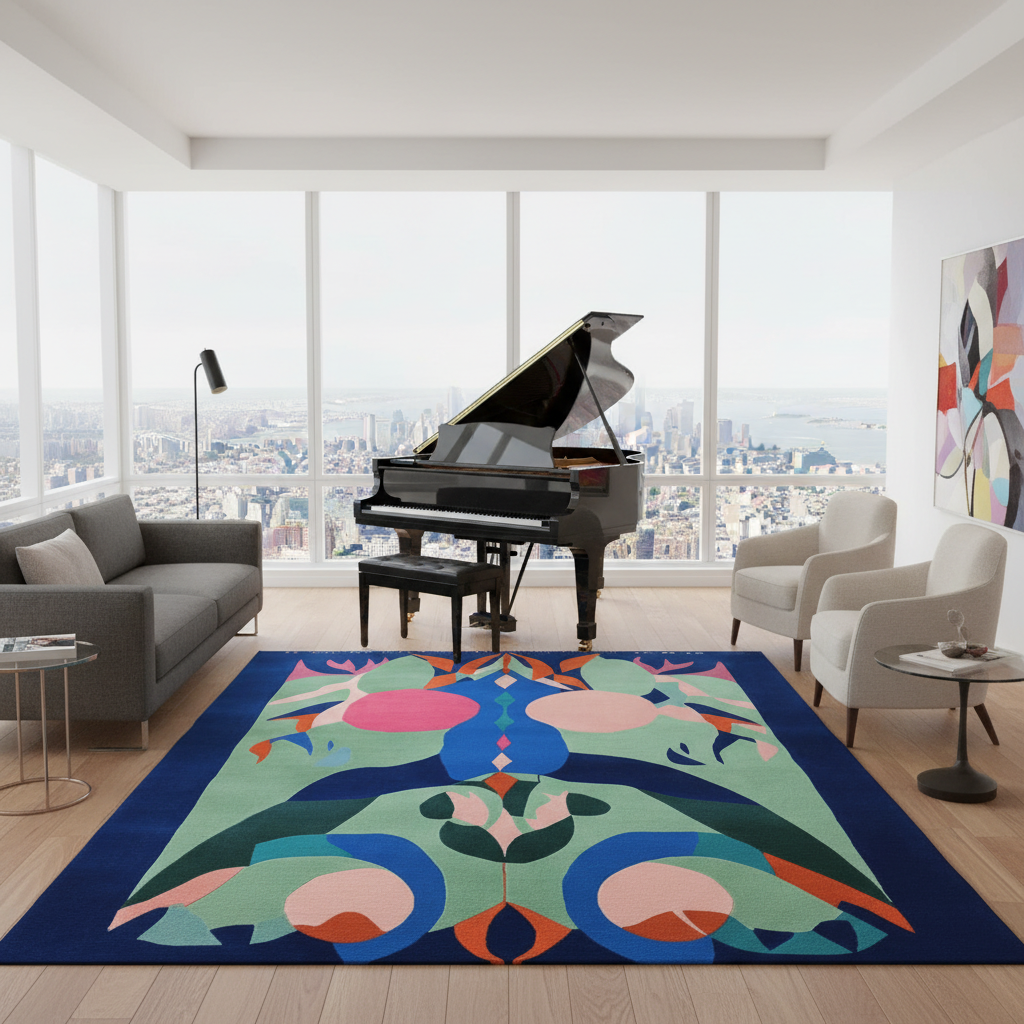 Modern living room with a grand piano, colorful rug, and cityscape view.