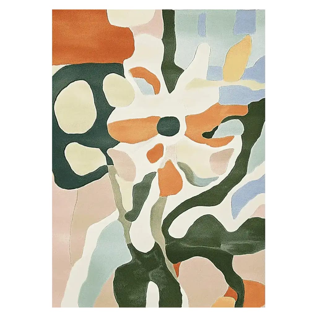 Top view of the Garden Plot Memory Hand Tufted Rug, showcasing an abstract floral design in earthy tones. This contemporary area rug is made of wool, perfect for adding a touch of modern elegance to any living room.