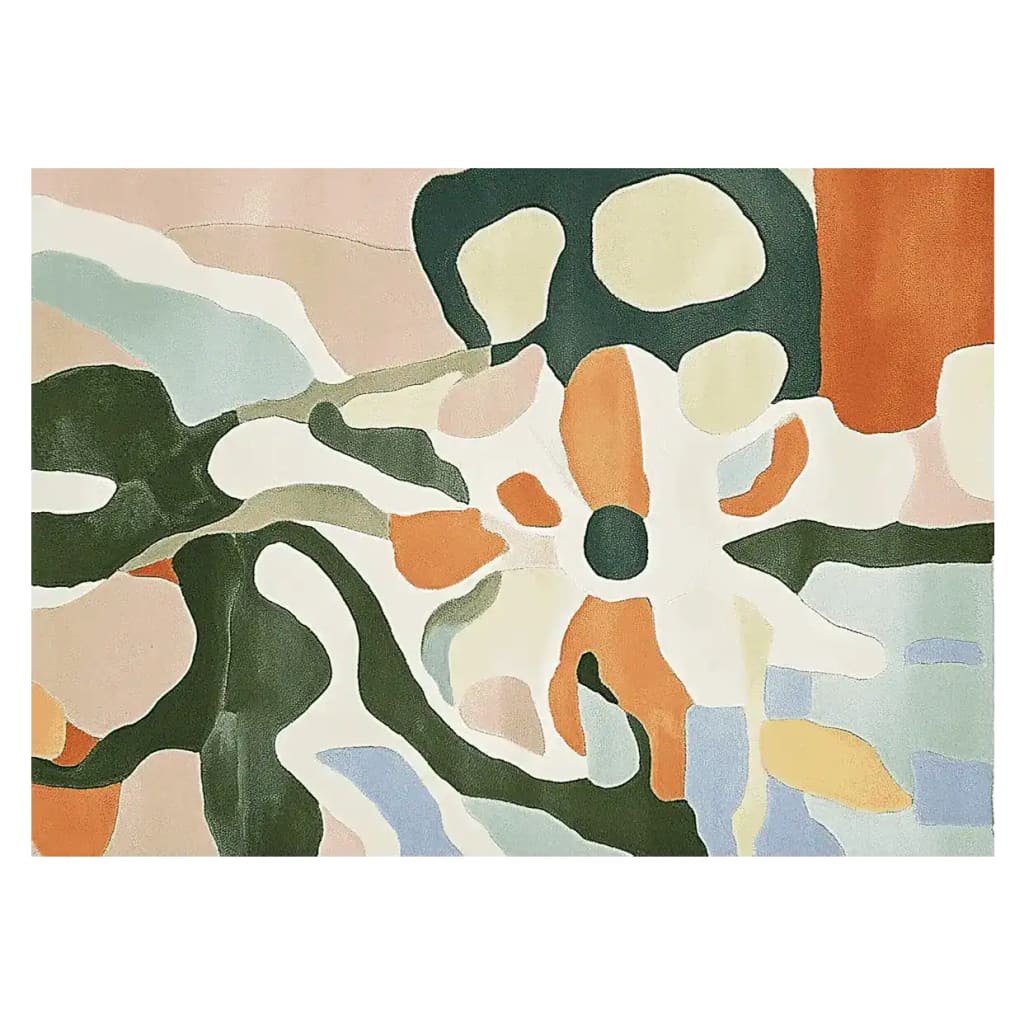 Garden Plot Memory Hand Tufted Area Rug featuring an abstract floral design in earthy tones. This contemporary wool rug is perfect for adding a touch of elegance to your living room. The harmonious blend of green, orange, and cream colors makes it an ideal choice for those seeking stylish area rugs for living room spaces.