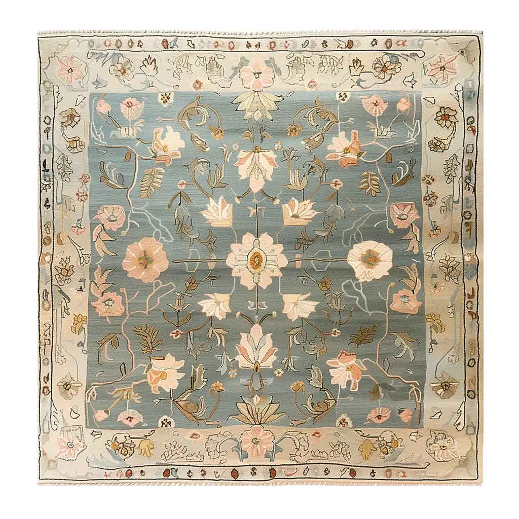 Top view of the Garden Serenity Knotted Wool Rug, showcasing an intricate floral design in soft pastel colors, ideal for enhancing living room decor. This elegant area rug is crafted from high-quality wool, making it a perfect choice for rugs for living room spaces.