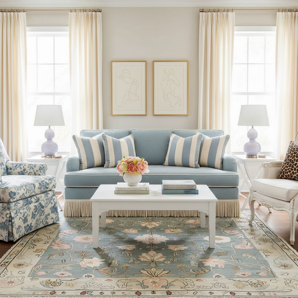 Living room with light blue sofa, striped pillows, and floral rug.