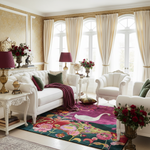 Living room with white furniture, colorful rug, and decorative elements.