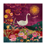 Vibrant Garden Serenity Wool Hand Knotted Area Rug featuring a serene swan amidst a colorful floral landscape with a radiant sun, perfect for enhancing the elegance of bedrooms and living rooms. This exquisite wool rug showcases intricate details and rich colors, making it an ideal choice for bedroom area rugs or living room decor.