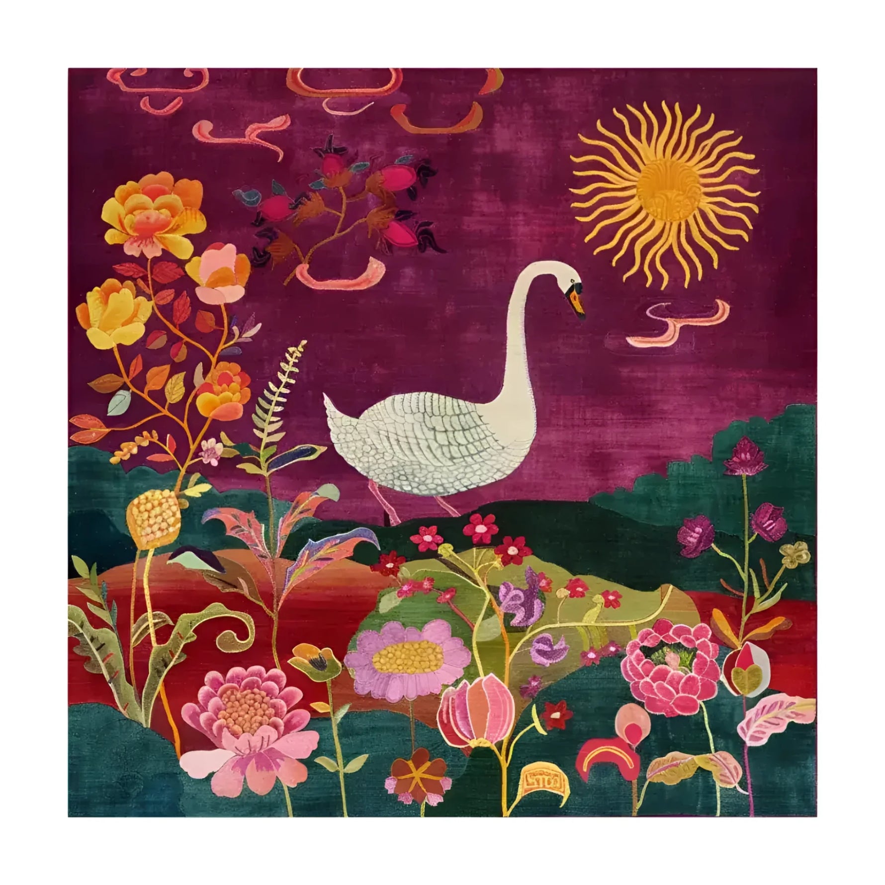 Vibrant Garden Serenity Wool Hand Knotted Area Rug featuring a serene swan amidst a colorful floral landscape with a radiant sun, perfect for enhancing the elegance of bedrooms and living rooms. This exquisite wool rug showcases intricate details and rich colors, making it an ideal choice for bedroom area rugs or living room decor.