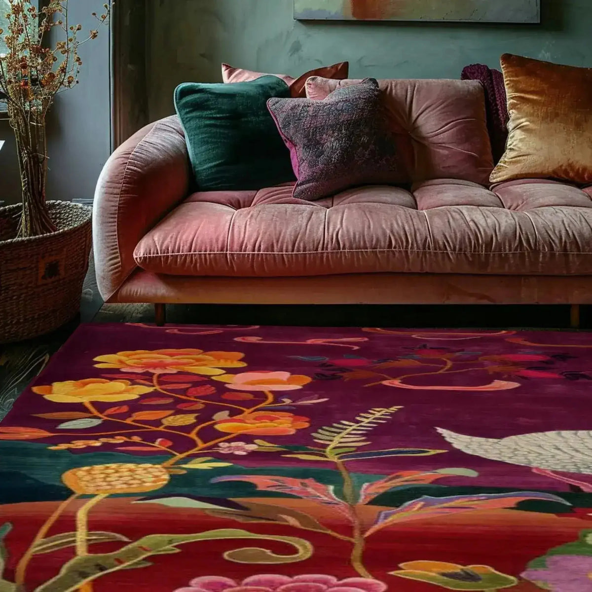 A vibrant Garden Serenity Wool Hand Knotted Area Rug featuring colorful floral patterns, laid out in a cozy living room setting. The plush wool rug complements the blush pink sofa adorned with cushions, making it an ideal choice for bedroom or living room decor.