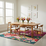 Garden serenity wool hand knotted area rug, magenta and teal florals with birds under a dining table