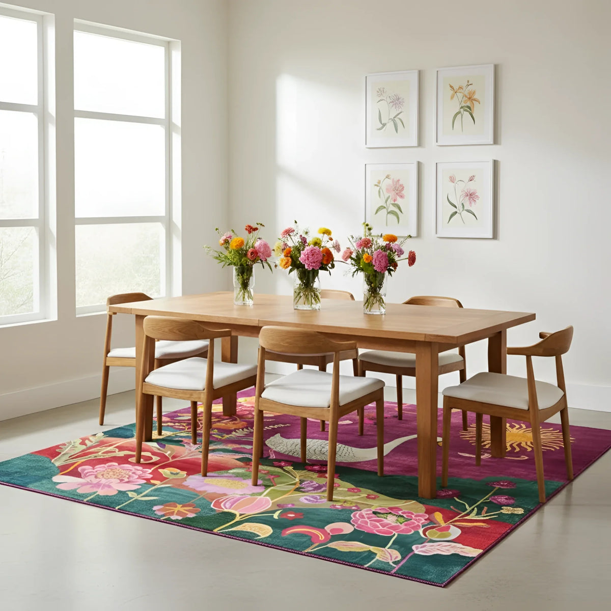 Garden serenity wool hand knotted area rug, vivid blooms and tiger motif on magenta beneath a dining set