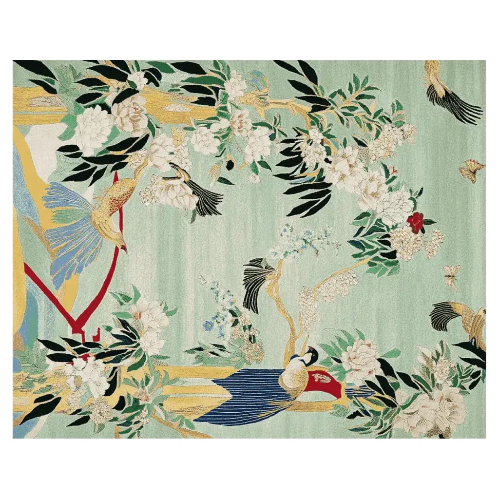 Garden Song Hand Tufted Area Rug featuring a vibrant design with detailed floral and bird motifs on a soft green background. This wool rug is an ideal choice for those seeking area rugs for living room spaces, adding a touch of elegance to large living room rugs collections.