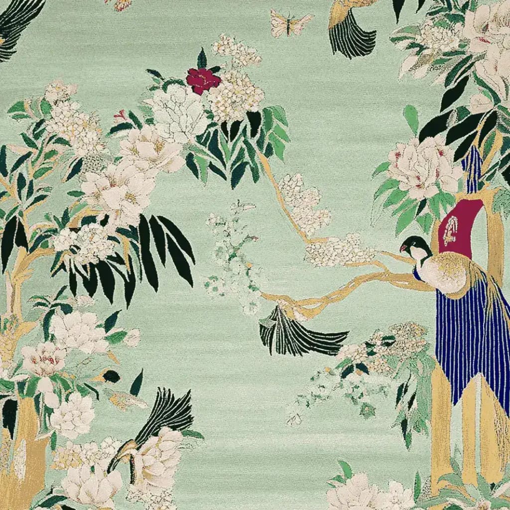 This exquisite Garden Song Hand Tufted Area Rug showcases a vibrant design featuring lush floral patterns and elegant birds against a soft green background. Perfect for adding a touch of nature-inspired beauty to large living rooms, this wool rug offers both style and comfort.