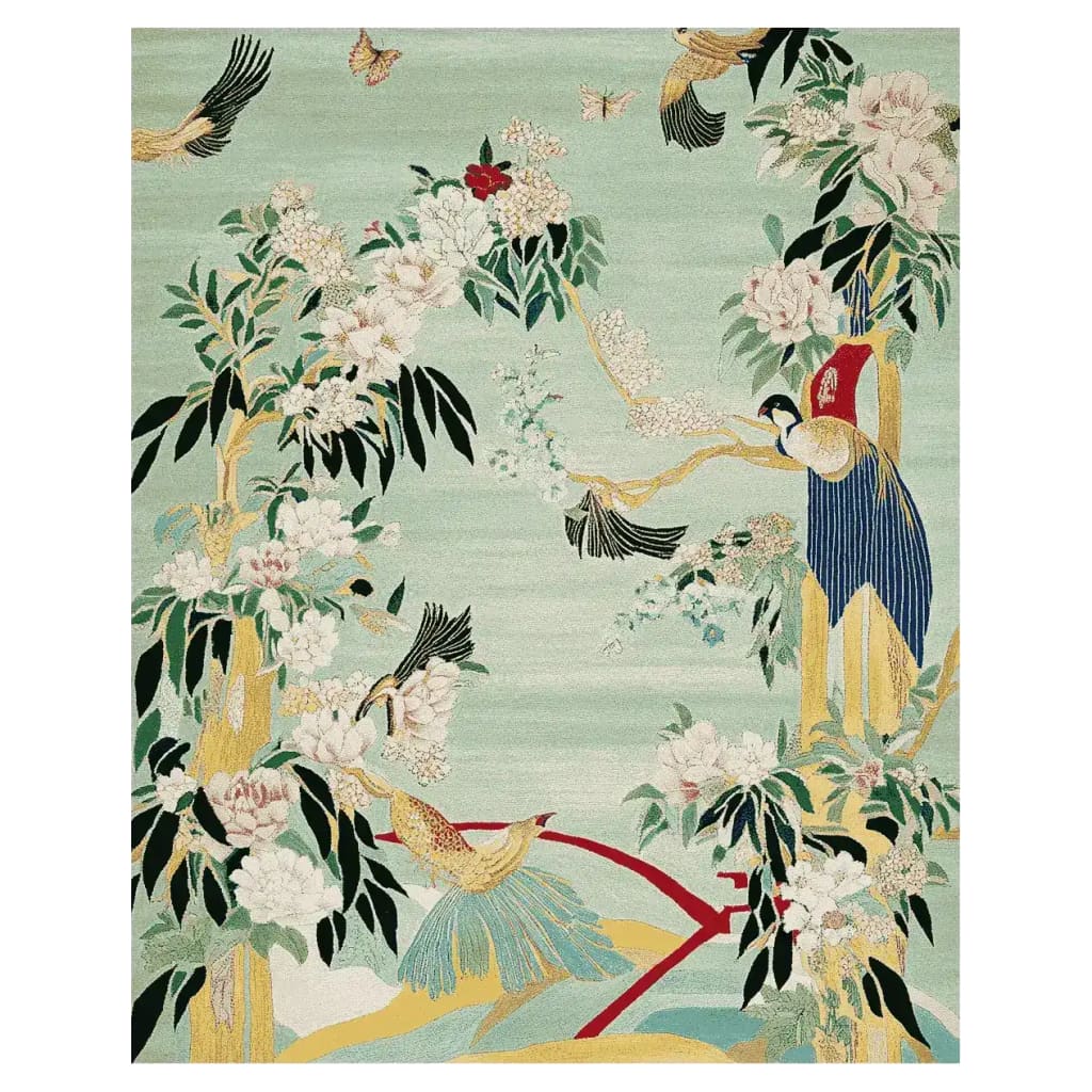 The Garden Song Hand Tufted Area Rug showcases an intricate design featuring birds and lush floral patterns in vibrant colors. This wool rug is ideal for adding a touch of elegance to large living rooms, combining art and comfort seamlessly.