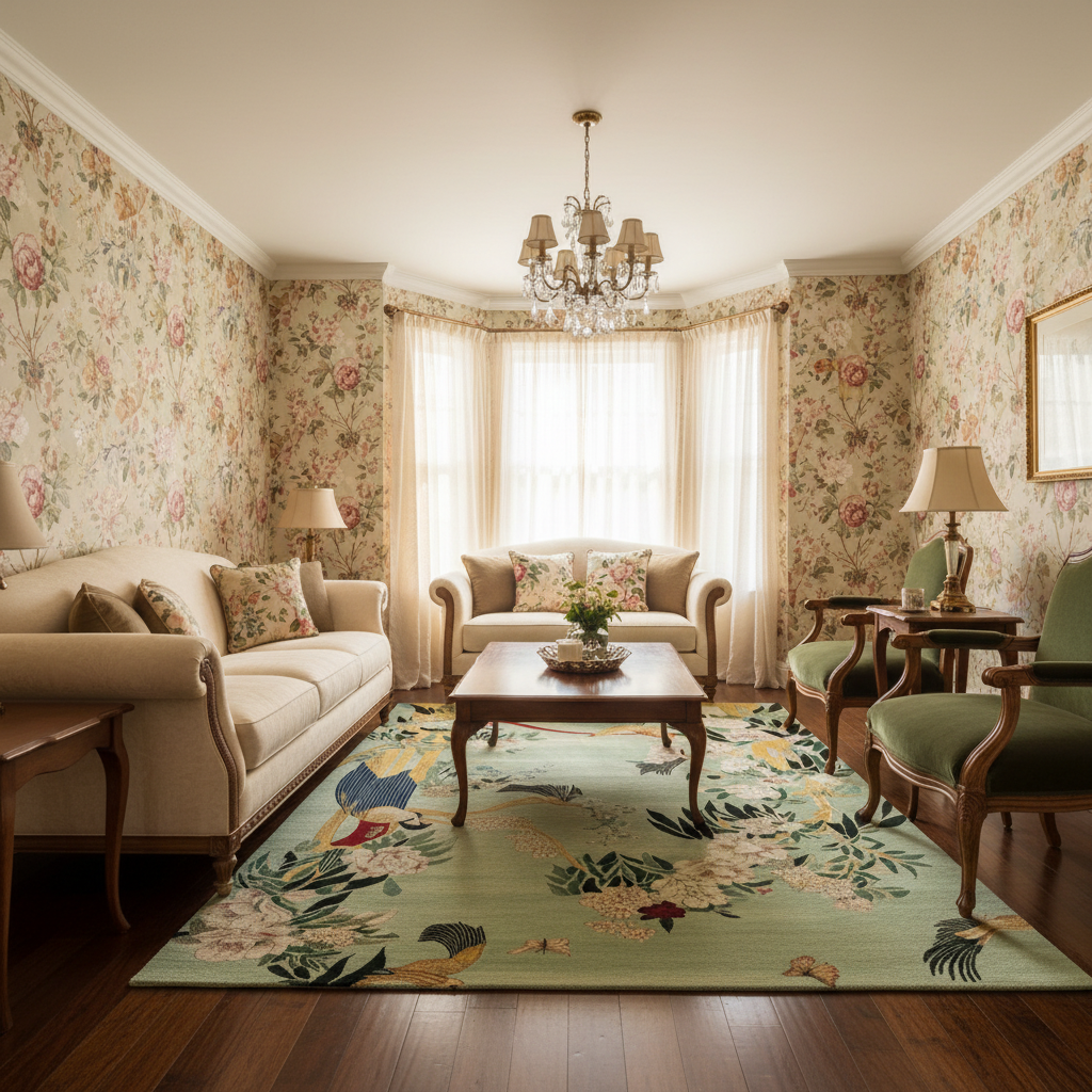 Living room with floral wallpaper, furniture, and a chandelier.