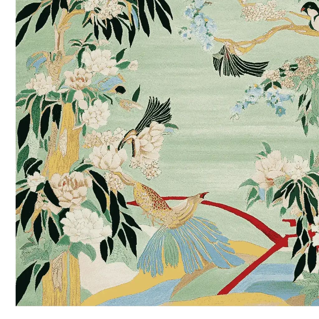 A beautifully detailed area rug featuring a vibrant design with birds and blooming flowers against a light green background. This wool rug is perfect for adding a touch of nature to your living space. Ideal for large living room areas, this hand-tufted rug combines elegance and durability.
