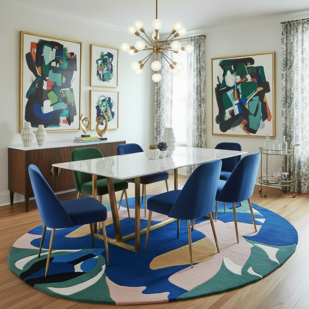 Dining room with a round blue abstract wool rug, blue chairs, and abstract art on the walls.