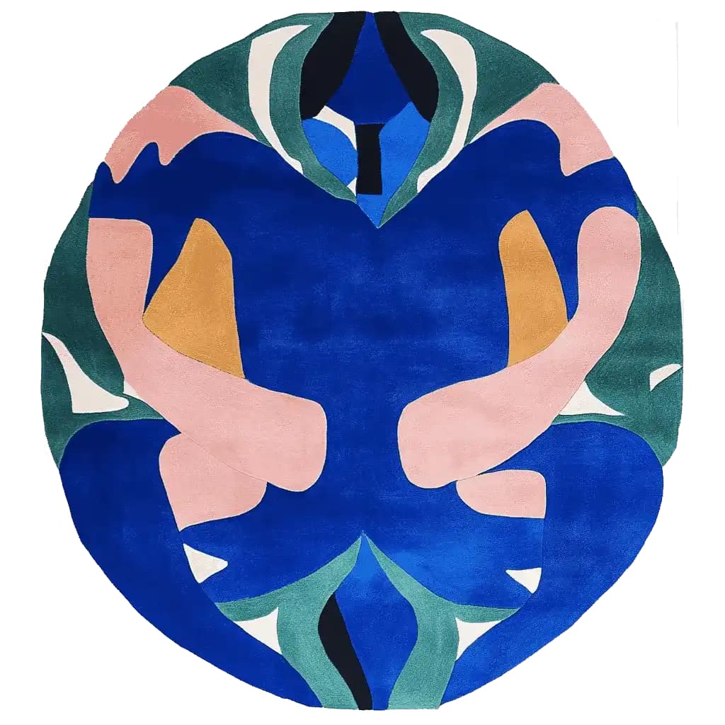 The Garden Spirit Fold hand-tufted area rug features a bold, abstract design with vibrant blues, pinks, and greens. Perfect for adding a contemporary touch to your space, this wool rug is ideal for living rooms. Its unique, round shape makes it a standout piece among living room rugs, especially in an 8x10 layout.