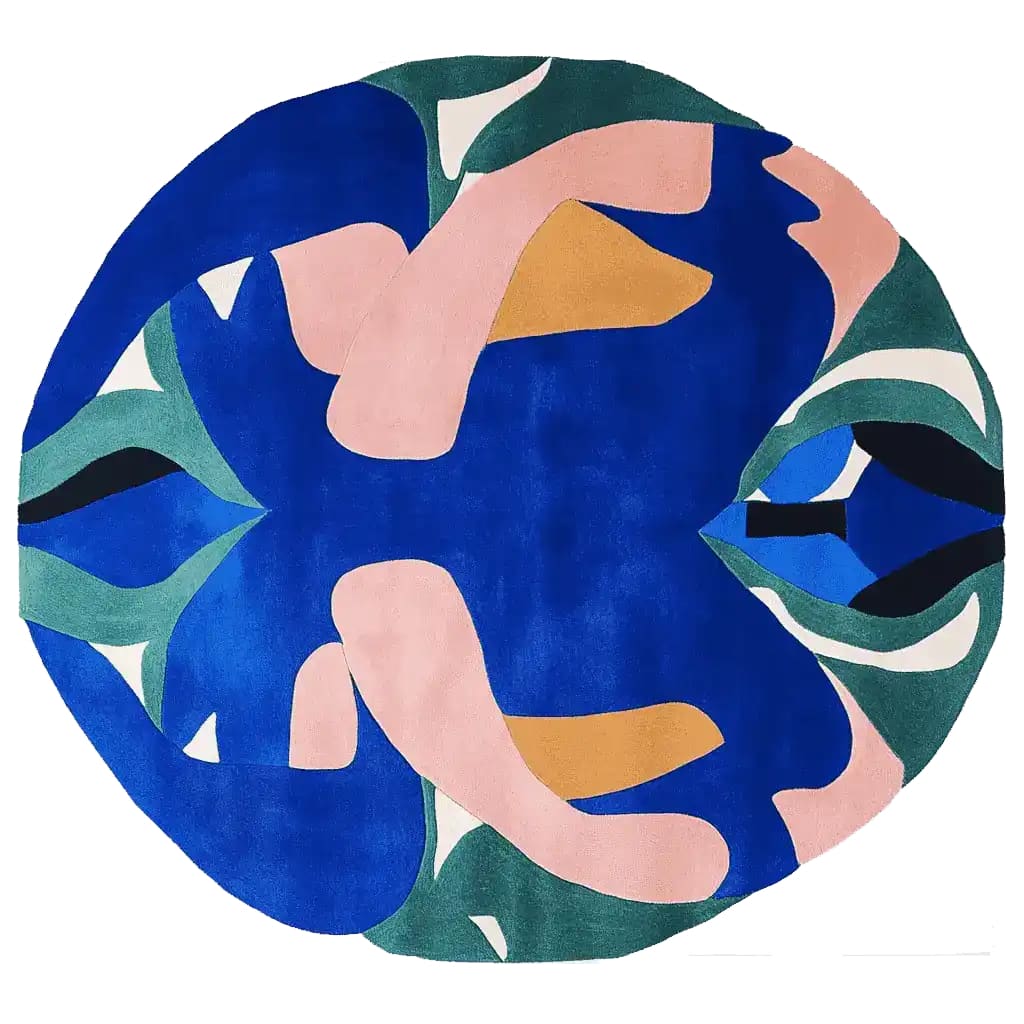 Vibrant round area rug featuring an abstract design in shades of blue, pink, green, and orange. Perfect for adding a contemporary touch to your living room. This wool rug is an ideal choice for those looking for stylish living room rugs, available in 8x10 size.