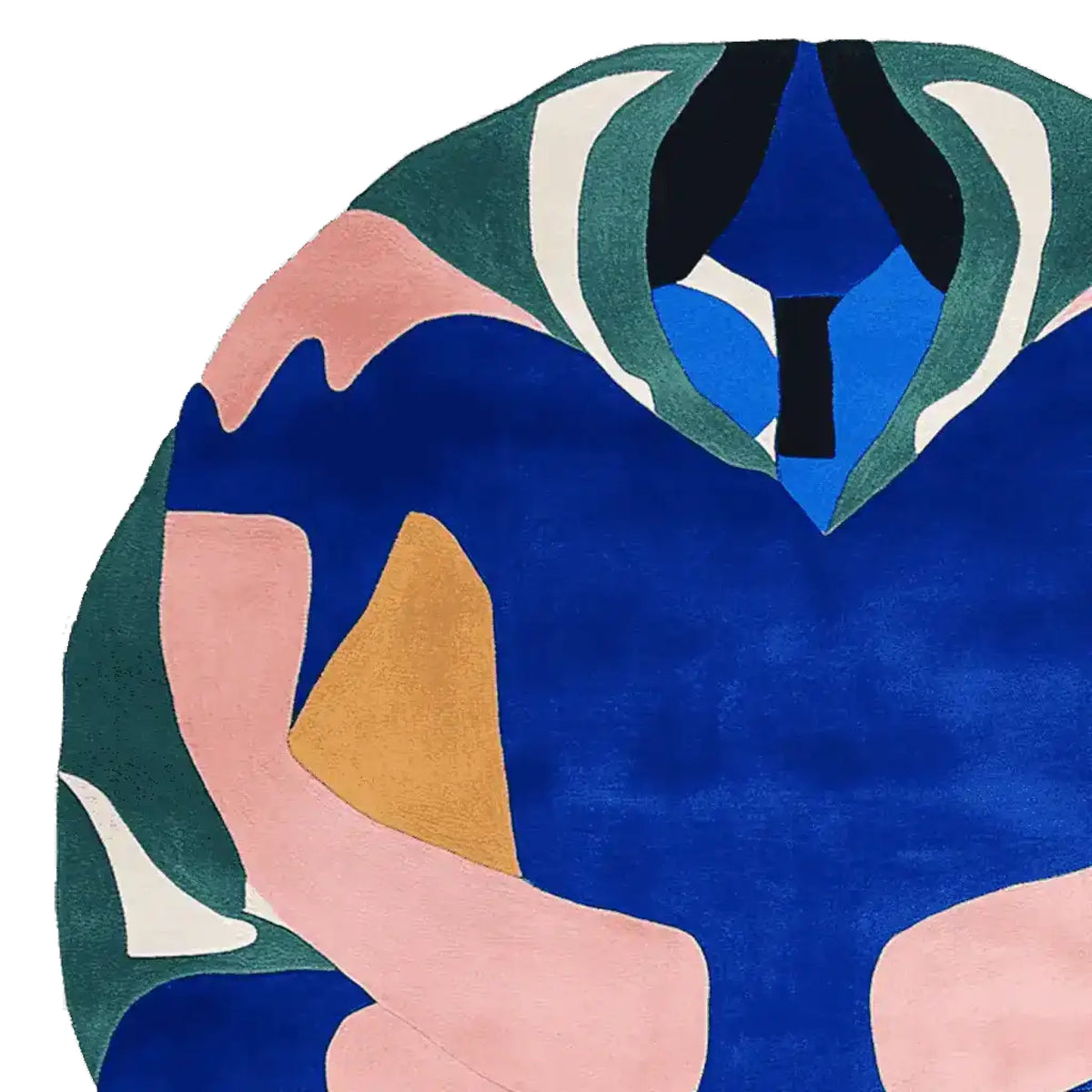 Top view of a contemporary area rug featuring an abstract design with bold colors like blue, green, pink, and mustard, ideal for adding a modern touch to living rooms. This wool rug is perfect for those seeking unique rugs for living room spaces, available in versatile sizes like 8x10 and round shapes.