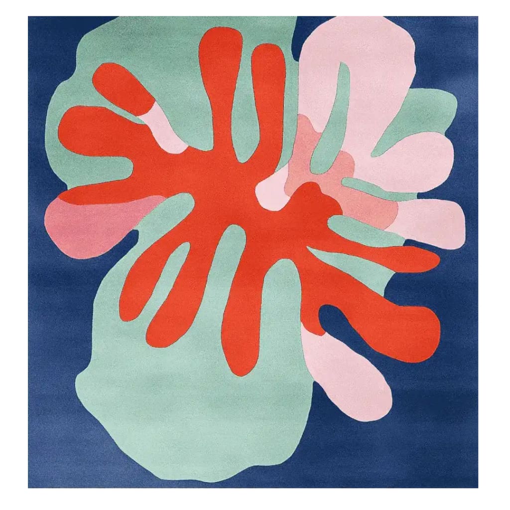 A vibrant Garden Turns Abstract Hand Tufted Area Rug featuring bold, overlapping shapes in red, pink, and green on a deep blue background. This square area rug adds a contemporary flair to any living room, made from soft wool for a cozy feel.