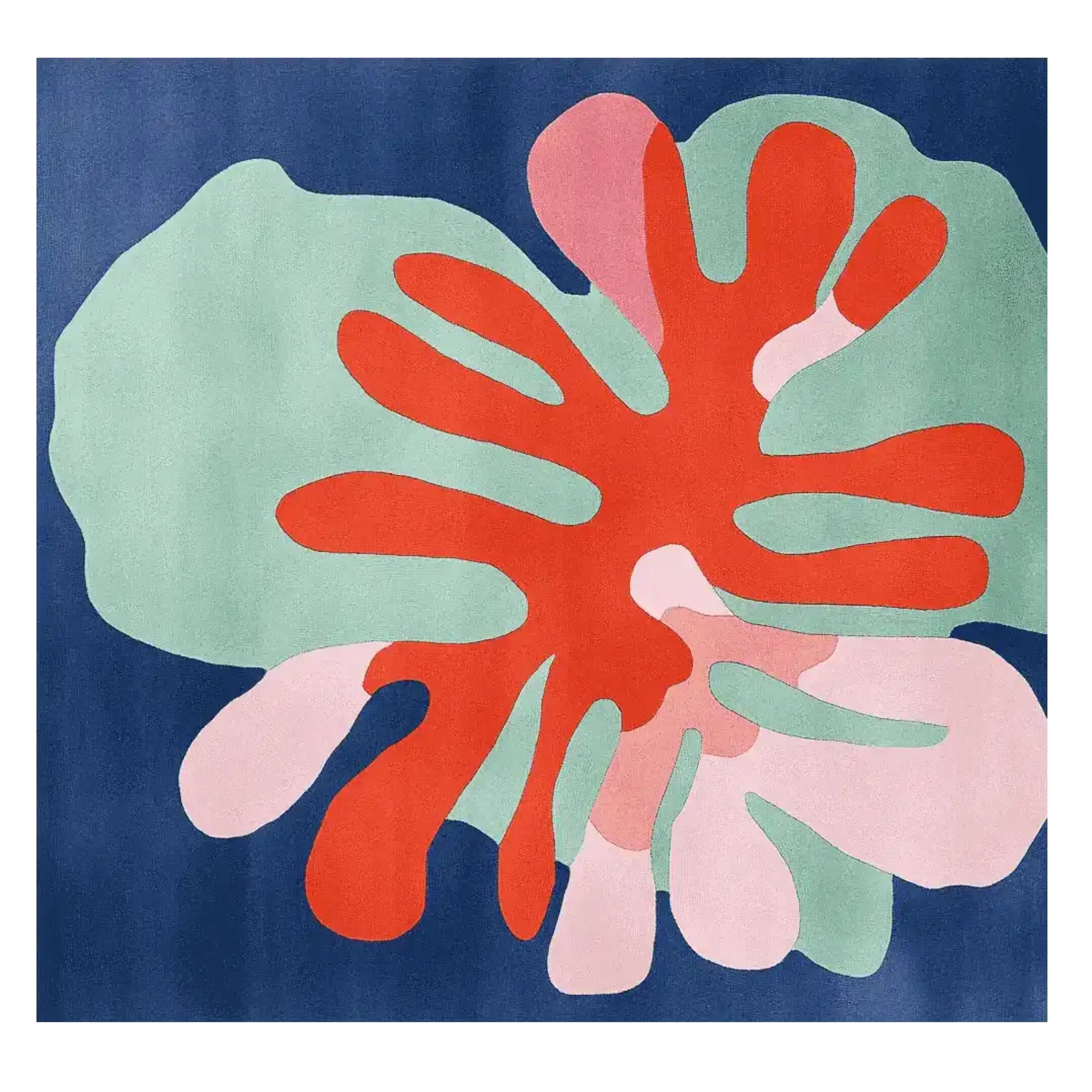 A vibrant, contemporary area rug featuring an abstract design with bold red, pink, and green shapes on a deep blue background. This square area rug, perfect for adding a modern touch to a living room, is crafted from high-quality wool, offering both style and comfort.