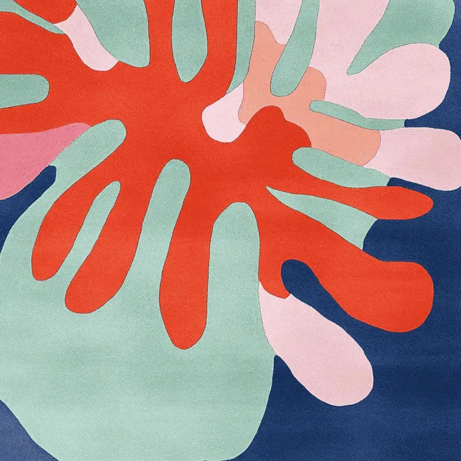 Vibrant and modern abstract design on a square area rug, featuring bold shapes in red, pink, green, and blue. Perfect for adding a touch of contemporary style to your living room, this hand-tufted wool rug combines artistic flair with functionality, making it an eye-catching piece among area rugs for living room decor.