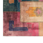 Top view of Gatsby's Garden Hand Tufted Wool Rug, an exquisite area rug featuring vibrant geometric patterns in rich hues of blue, pink, and orange. Perfect for adding a touch of elegance to your living room, this contemporary wool rug measures 8x10, making it an ideal choice for living room area rugs.