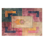 Top view of Gatsby's Garden Hand Tufted Wool Rug, showcasing a vibrant and contemporary design with geometric patterns in shades of blue, pink, and orange. Perfect as a living room area rug, this 8x10 wool rug adds a modern touch to any space.