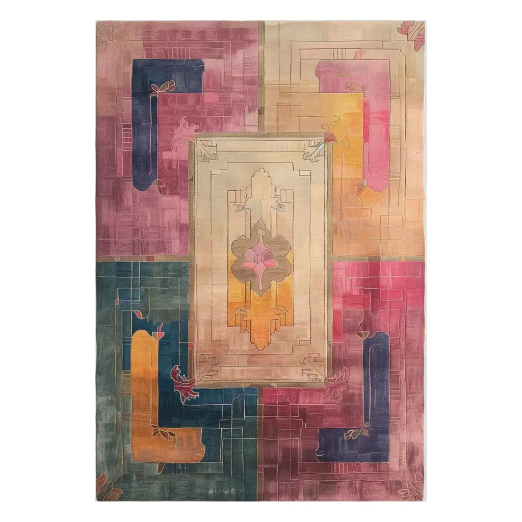Top view of Gatsby's Garden Hand Tufted Wool Rug, a contemporary area rug perfect for living rooms. The design features a vibrant mix of colors including pink, blue, and orange, making it an ideal 8x10 wool rug for modern home decor.