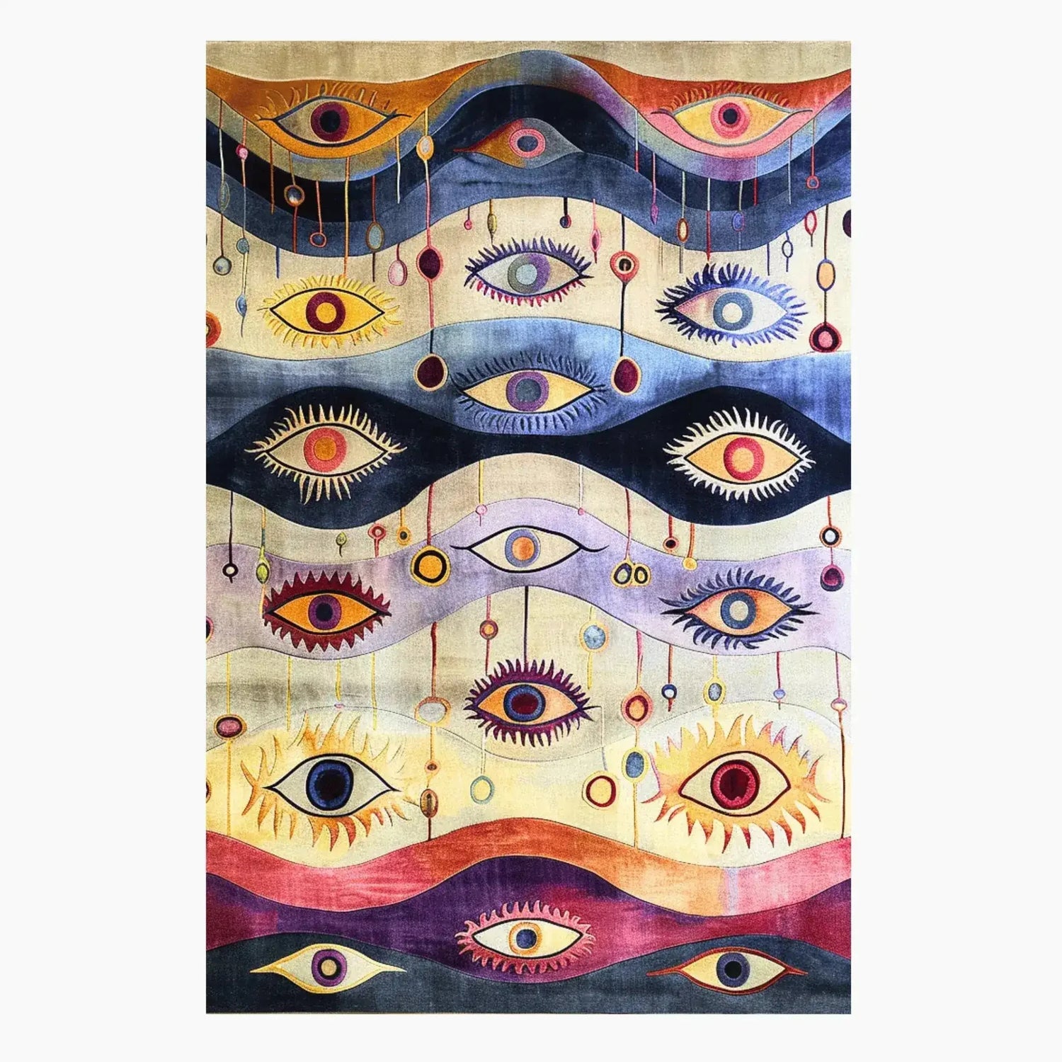 The Gaze of Wonder Hand Tufted Rug is a stunning large area rug for the living room, featuring a captivating abstract design with multiple eye motifs in vibrant colors. This vintage wool rug adds a touch of contemporary elegance and artistic flair to any space.