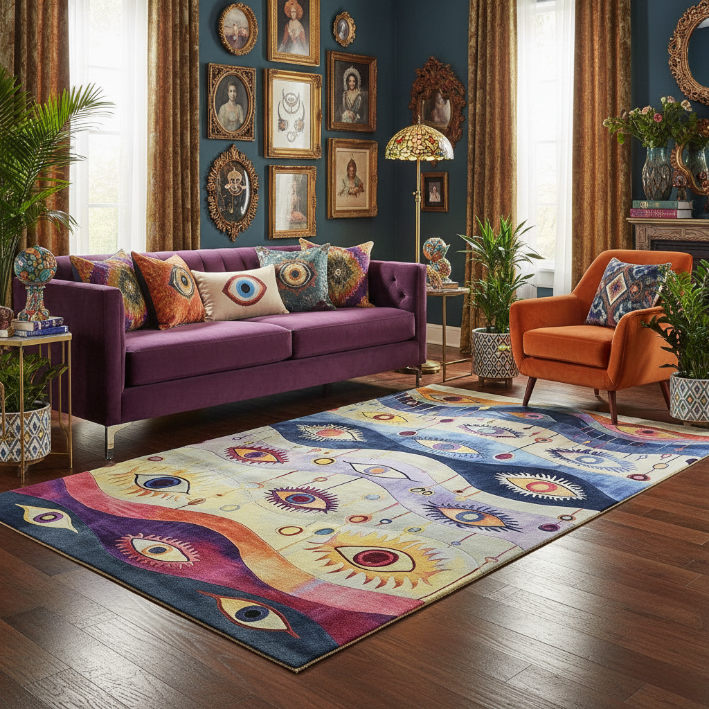 Gaze of wonder hand tufted rug, surreal eye and sun motifs in purple, gold and coral in an eclectic lounge